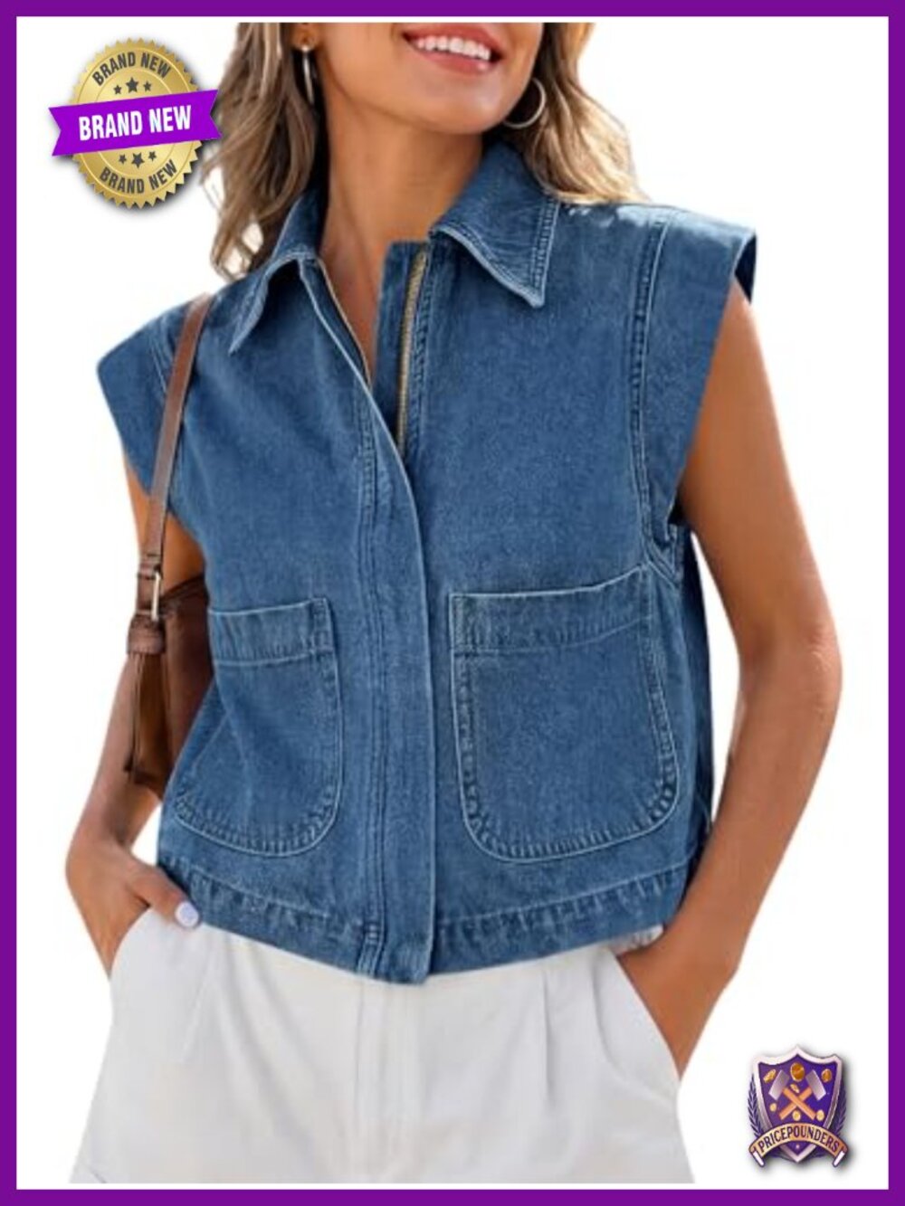 Womens Zip Up Denim Vest Top Cropped Cap Sleeve